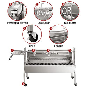 Rotisserie Grill Stainless Steel Charcoal Spit Roaster, 62" Pig Lamb Hooded Roaster Charcoal Spit with 30W Motor & Adjustable Height Lockable Casters for Outdoor Party Barbecue, Rated 150 LB By DNKMOR