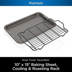 Ninja B32102 Foodi NeverStick Premium 2-Piece Bakeware Sheet Set, Nonstick, Oven Safe up to 500⁰F, with 10 x 15 inch Baking Sheet & 10 x 15 inch Cooling/Roasting Rack, Dishwasher Safe, Grey