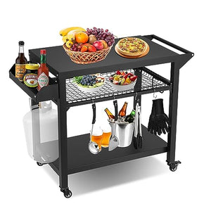 Spurgehom Outdoor Grill Cart, Pizza Oven Stand Table with Wheels for Outside Patio,Movable Kitchen Cooking Prep Table BBQ Cart with Mesh Racks for Home Party,Bar,Camping