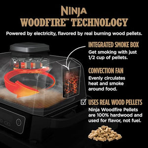 Ninja OG751BRN Woodfire Pro Outdoor-Grill und Smoker mit integriertem Thermometer, 7-in-1-Master-Grill, BBQ-Smoker, Heißluftfritteuse, Backen, Braten, Dörren, Grillen, Ninja-Holzfeuerpellets, tragbar, elektrisch, Grau
