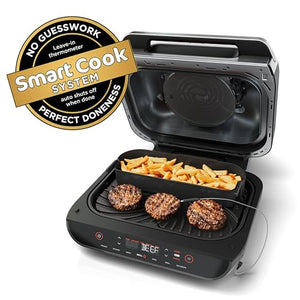 Ninja FG551 Foodi Smart XL 6 合 1 室内烧烤炉，带空气炸、烤、烘烤、烧烤和脱水功能，智能温度计，黑色/银色