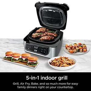 Ninja AG301 Foodi 5 合 1 室内电烤架，带空气炸、烤、烘烤和脱水功能 - 可编程，黑色/银色
