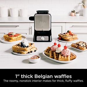Ninja BW1001 NeverStick PRO Belgian Waffle Maker, Vertical Design, 5 Shade Settings, with Precision-Pour Cup & Chef-curated Recipe Guide, Black & Silver