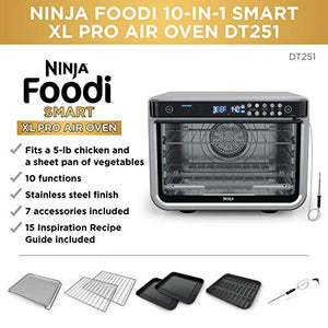 Ninja DT251 Foodi 10-in-1 Smart XL ایئر فرائی اوون، بیک، برائل، ٹوسٹ، روسٹ، ڈیجیٹل ٹوسٹر، تھرمامیٹر، 450°F تک کا ٹرو سراؤنڈ کنویکشن، 6 ٹرے اور ریسیپی گائیڈ، سلور پر مشتمل ہے۔