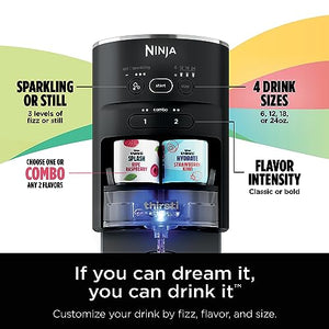 Ninja Thirsti 饮料系统，汽水机，制作独特的起泡饮料和非碳酸饮料，个性化尺寸和口味，碳酸水机，60L 二氧化碳钢瓶和各种风味水滴，黑色 WC1001