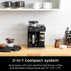 Ninja CFN601 浓缩咖啡和咖啡咖啡师系统，单份咖啡和奈斯派索胶囊兼容，12 杯玻璃水瓶，内置起泡器，浓缩咖啡、卡布奇诺和拿铁咖啡机，黑色和不锈钢
