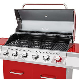Royal Gourmet GA6402R 6-Burner BBQ Propane Gas Grill with Sear Burner and Side Burner, 74,000 BTU, Cabinet Style Barbecue Grill for Outdoor Grilling and Backyard Cooking, Red
