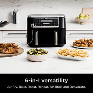 Ninja DZ550 Foodi 10 Quart 6-in-1 DualZone Smart XL Air Fryer with 2 Independent Baskets, Thermometer for Perfect Doneness, Match Cook & Smart Finish to Roast, Dehydrate & More, Grey