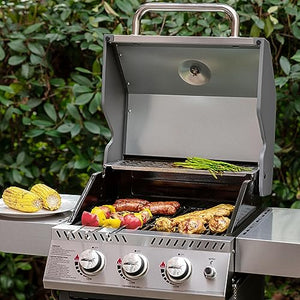 Royal Gourmet GG3001S Stainless Steel 3-Burner Propane Gas Grill, 25,500 BTU Cabinet Style BBQ Gas Grill with Side Tables, Outdoor Cooking Patio Garden Barbecue, Silver