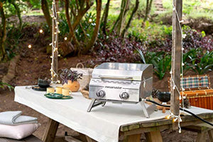 Megamaster Премиум-гриль для приготовления пищи на открытом воздухе с 2 конфорками, для кемпинга, летняя кухня, сад во внутреннем дворике, барбекю с двумя складными ножками, серебро из нержавеющей стали