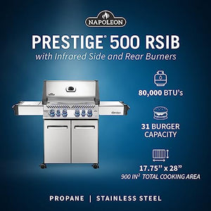 Napoleon P500RSIBPSS-3 Prestige 500 RSIB 丙烷燃气烧烤炉，平方英寸 + 红外线侧燃烧器和后燃烧器，不锈钢