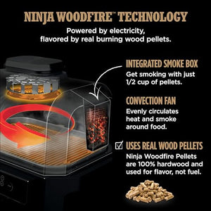 Ninja OG951 Woodfire Pro Connect Premium XL آؤٹ ڈور گرل اینڈ اسموکر، بلوٹوتھ، ایپ ان ایبلڈ، 7-ان-1 ماسٹر گرل، بی بی کیو سموکر، آؤٹ ڈور ایئر فریئر، ووڈ فائر ٹیکنالوجی، 2 بلٹ ان تھرمامیٹر، بلیک