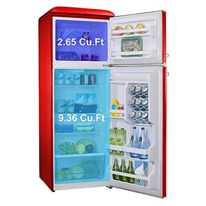 Galanz GLR12TRDEFR Refrigerador, refrigerador de doble puerta, control de termostato eléctrico ajustable con compartimiento de congelador de montaje superior, rojo retro, 12.0 pies cúbicos