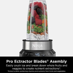 Licuadora personal compacta Ninja BN401 Nutri Pro, tecnología Auto-iQ, 1100 vatios pico, para bebidas congeladas, batidos, salsas y más, con (2) 24 onzas. Tazas y tapas para picos para llevar, Cloud Silver