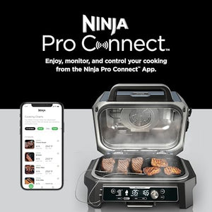 Ninja OG951 Woodfire Pro Connect Premium XL 户外烧烤炉和烟熏炉，蓝牙，支持应用程序，7 合 1 主烧烤炉，烧烤烟熏炉，户外空气炸锅，Woodfire 技术，2 个内置温度计，黑色