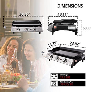 Royal Gourmet PD1302 3-Burner 26,400-BTU Portable Gas Grill Griddle, Flat Top for Outdoor Camping, Tailgating, Picnics, Silver