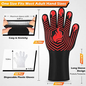 BBQ Gloves, 1472°F Heat Resistant Gloves Fireproof Mitts，Grilling Gloves Silicone Non-Slip Washable Oven Gloves, Kitchen Gloves for Barbecue, Grilling, Cooking, Baking, Camping, Smoker (Red)