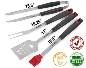 Grillaholics BBQ Grill Tools Set - 4-Piece Heavy Duty Stainless Steel Barbecue Grilling Utensils - Premium Grill Accessories for Barbecue - Spatula, Tongs, Fork, and Basting Brush (Grey)