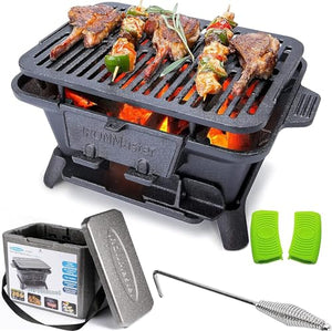 IronMaster Hibachi Grill Outdoor, Small Portable Charcoal Grill, 100% Pre-Seasoned Cast Iron, Japanese Yakitori Camping Grill - 2 Heights, Air Control, Coal Door + Carrying Case