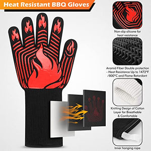 BBQ Gloves, 1472°F Heat Resistant Gloves Fireproof Mitts，Grilling Gloves Silicone Non-Slip Washable Oven Gloves, Kitchen Gloves for Barbecue, Grilling, Cooking, Baking, Camping, Smoker (Red)