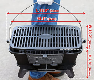 IronMaster Hibachi Grill Outdoor - Small Portable Charcoal Grill, 100% Cast Iron, Japanese Yakitori Tabletop Camping Grill - Cooking Grate Surface 16.5" x 10.2" for 5-6 People