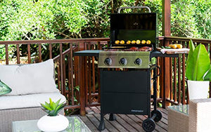 Megamaster 3 燃烧器丙烷燃气烧烤炉，带 2 个可折叠边桌，30000 BTU，非常适合露营、户外烹饪、庭院和花园烧烤炉，银色和黑色，720-0988EA…