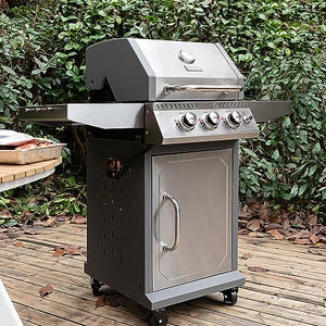 Royal Gourmet GG3001S Stainless Steel 3-Burner Propane Gas Grill, 25,500 BTU Cabinet Style BBQ Gas Grill with Side Tables, Outdoor Cooking Patio Garden Barbecue, Silver