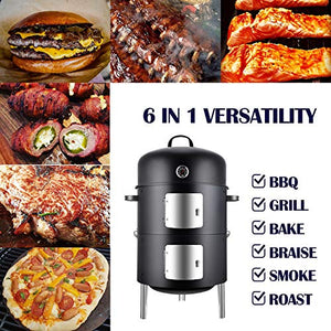 Realcook Vertikaler 17-Zoll-Holzkohleräucherofen aus Stahl, robuster runder BBQ-Grill zum Kochen im Freien, Schwarz