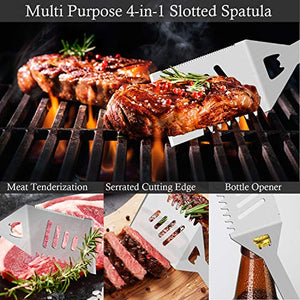 ROMANTICIST 30pcs Stainless Steel Grill Tool Set, Heavy Duty BBQ Grilling Accessories for Men Women, Non-Slip Grill Utensils Kit with Thermometer Mats in Aluminum Case for Outdoor, Camping Silver