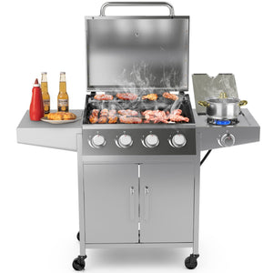 Giantex Propane Gas Grill with 4 Main Burners and 1 Side Burner, total 50,000 BTU, Stainless Steel Heavy-Duty BBQ Grill with 2 Prep Tables, 4 Wheels, Cabinet for Propane Tank, Outdoor Cooking