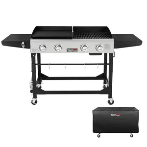 Royal Gourmet GD401C 4-Burner Flat Top Gas Grill Griddle Combo with Cover, Portable for outdoor cooking with Folding legs While Camping or Tailgating, Black & Silver