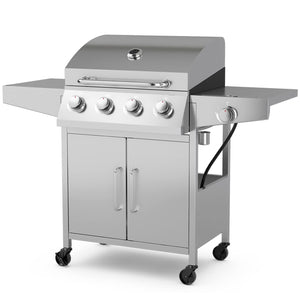 Giantex Propane Gas Grill with 4 Main Burners and 1 Side Burner, total 50,000 BTU, Stainless Steel Heavy-Duty BBQ Grill with 2 Prep Tables, 4 Wheels, Cabinet for Propane Tank, Outdoor Cooking
