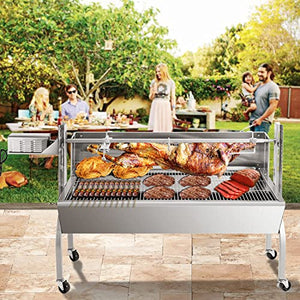 Rotisserie Grill Stainless Steel Charcoal Spit Roaster, 62" Pig Lamb Hooded Roaster Charcoal Spit with 30W Motor & Adjustable Height Lockable Casters for Outdoor Party Barbecue, Rated 150 LB By DNKMOR