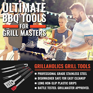 Grillaholics BBQ-Grillwerkzeug-Set – 4-teiliges robustes Grillbesteck aus Edelstahl – Premium-Grillzubehör zum Grillen – Spatel, Zange, Gabel und Backpinsel (grau)