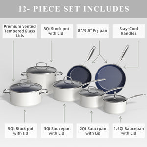 Nuwave Healthy Duralon Blue Ceramic Nonstick Cookware Set, Diamond Infused Scratch-Resistant, PFAS Free, Dishwasher & Oven Safe, Induction Ready & Evenly Heats, Tempered Glass Lids & Stay-Cool Handles