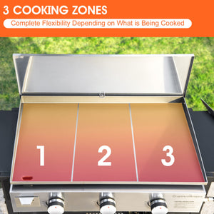 MFSTUDIO Grill à gaz à dessus plat avec couvercle, barbecue au propane à 3 brûleurs, cuisson en plein air, peut être utilisé comme plaque de cuisson de table, pour le camping, 33 000 BTU