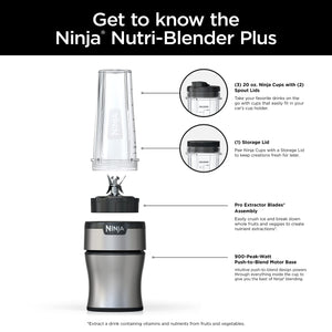 Licuadora personal compacta Ninja BN301 Nutri-Blender Plus, motor de 900 vatios pico, bebidas congeladas, batidos, salsas y más, (3) 20 oz. Vasos para llevar, (2) tapas con boquilla (1) tapa para almacenamiento, aptos para lavavajillas, plateados