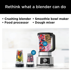 Ninja SS351 Foodi Power Blender & Processor System 1400 WP Smoothie Bowl Maker & Nutrient Extractor* 6 Functions for Bowls, Spreads, Dough & More, smartTORQUE, 72-oz.** Pitcher & To-Go Cups, Silver