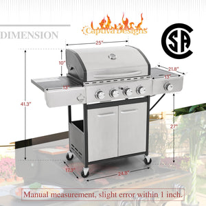 Captiva Designs 4-Burners Propane Gas BBQ Grill with Side Burner & Porcelain-Enameled Cast Iron Grates, 42,000 BTU Output for Outdoor Cooking Kitchen and Patio Backyard Barbecue, Stainless Steel