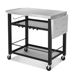 LUE BONA 43.3"W x 19.7"D Outdoor Grill Cart Table with Foldable Side Table, Movable Pizza Oven Stand for Outside Patio, Three-Shelf Stainless Steel Flattop Outdoor Cooking Prep Table with Wheels
