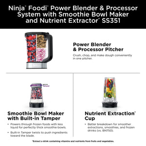 Ninja SS351 Foodi Power Blender &amp; Processor System 1400 WP Machine à smoothie et extracteur de nutriments* 6 fonctions pour bols, tartinades, pâte et plus encore, smartTORQUE, 72 oz.** Pichet et tasses à emporter, Argent