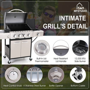MFSTUDIO 4 Burner Propane Gas BBQ Grill with Porcelain-Enameled Cast Iron Grates and Side Burner, 42,000BTU Outdoor Patio Garden Barbecue Grill, Stainless Steel
