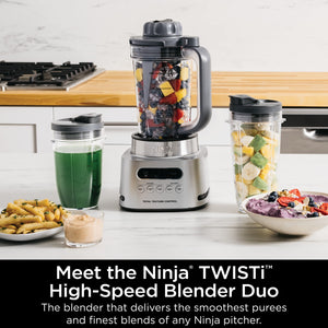 Ninja SS151 TWISTi Blender DUO, batidora y extractor de nutrientes de 1600 WP de alta velocidad* 5 funciones para batidos, productos para untar y más, smartTORQUE, 34 oz. Jarra y (2) vasos para llevar, gris