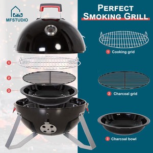 MFSTUDIO 18" Vertical Smoker and BBQ Grill, Pure Porcelain-Enameled Smokey Mountain Cooker, Heavy Duty Charcoal & Woods Outdoor Grill for Smoker, Black