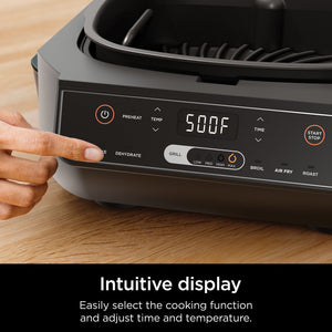 Ninja EG201 Foodi Домашний гриль 6-в-1 с функциями жарки, жарки, запекания, поджаривания и обезвоживания, 2-го поколения, можно мыть в посудомоечной машине, черный/серебристый