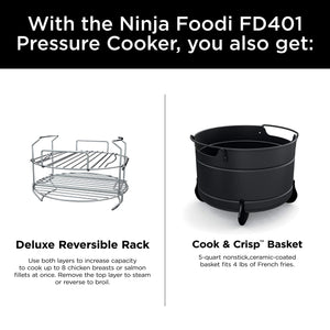 Ninja FD401 Foodi 12 en 1 Deluxe XL 8 cuartos. Olla a presión y freidora que cocina al vapor, cocina a fuego lento, dora, saltea, deshidrata y más, con 5 cuartos de galón. Cesta para verduras, estante reversible y libro de recetas, plateado