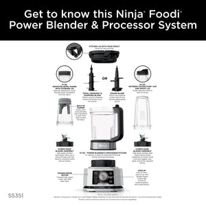 Ninja SS351 Foodi Power Blender &amp; Processor System 1400 WP Smoothie Bowl Maker y extractor de nutrientes* 6 funciones para tazones, pastas para untar, masa y más, smartTORQUE, jarra de 72 oz** y vasos para llevar, plateado