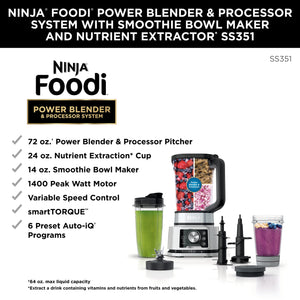 Ninja SS351 Foodi 动力搅拌机和处理器系统 1400 WP 冰沙碗制造机和营养提取器* 6 种功能，适用于碗、涂抹酱、面团等，smartTORQUE，72 盎司** 水壶和外带杯，银色