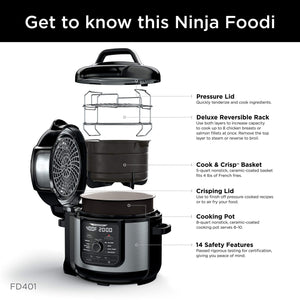 Ninja FD401 Foodi 12 en 1 Deluxe XL 8 cuartos. Olla a presión y freidora que cocina al vapor, cocina a fuego lento, dora, saltea, deshidrata y más, con 5 cuartos de galón. Cesta para verduras, estante reversible y libro de recetas, plateado