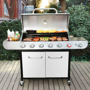 Royal Gourmet SG6002RC 6 BBQ Liquid Propane Gas Grill with Sear and Side Burner with Protected Cover, Silver
